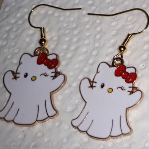 NEW Hello Kitty Ghost Red Bow Dangle Earrings Gold Enamel Stainless Jewelry NWT